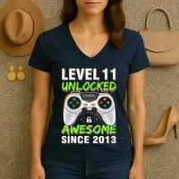 Level 11 Unlocked Awesome Since 2013 11th Birthday Gaming Women's V-Neck T-Shirt