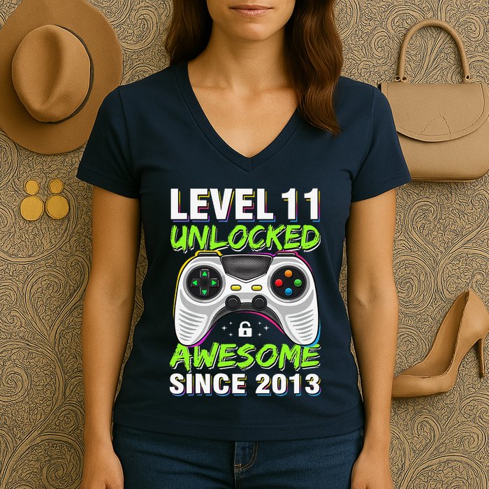 Level 11 Unlocked Awesome Since 2013 11th Birthday Gaming Women's V-Neck T-Shirt