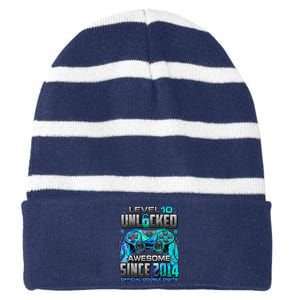 Level 10 Unlocked Awesome Since 2014 10th Birthday Gaming Striped Beanie with Solid Band