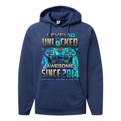 Level 10 Unlocked Awesome Since 2014 10th Birthday Gaming Performance Fleece Hoodie