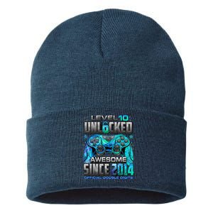 Level 10 Unlocked Awesome Since 2014 10th Birthday Gaming Sustainable Knit Beanie