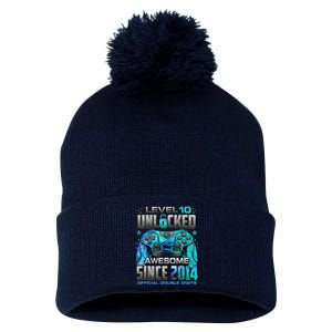 Level 10 Unlocked Awesome Since 2014 10th Birthday Gaming Pom Pom 12in Knit Beanie