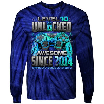 Level 10 Unlocked Awesome Since 2014 10th Birthday Gaming Tie-Dye Long Sleeve Shirt