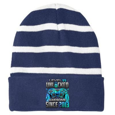 Level 11 Unlocked Awesome Since 2013 11th Birthday Gaming Striped Beanie with Solid Band