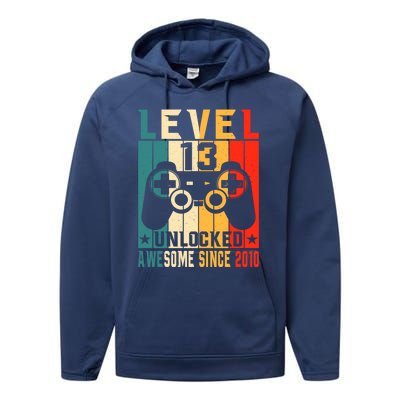 Level 13 Unlocked Awesome Since 2010 13th Birthday Gamer Gift Performance Fleece Hoodie