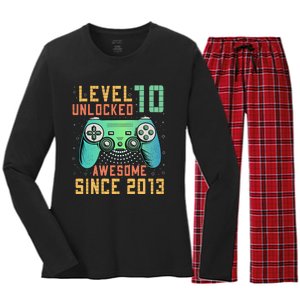 Level 10 Unlocked 10th Birthday 10 Year Old Boy Gifts Gamer Women's Long Sleeve Flannel Pajama Set 