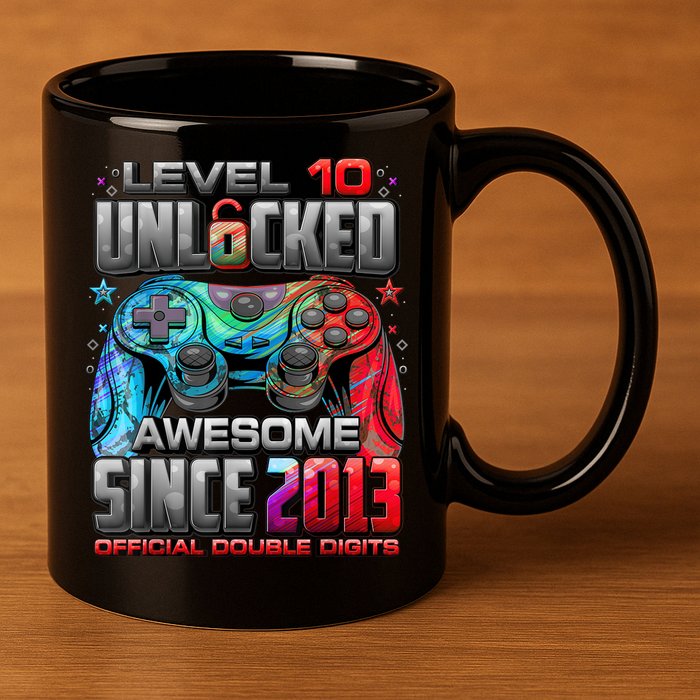 Level 10 Unlocked Awesome Since 2013 10th Birthday Gaming 11oz C Handle Ceramic Mug