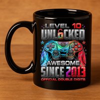 Level 10 Unlocked Awesome Since 2013 10th Birthday Gaming 11oz C Handle Ceramic Mug