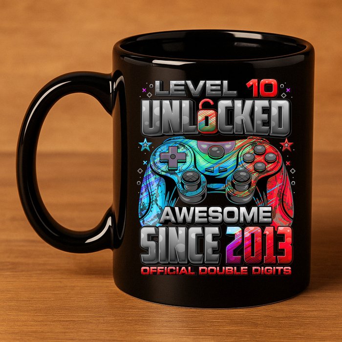 Level 10 Unlocked Awesome Since 2013 10th Birthday Gaming 11oz C Handle Ceramic Mug