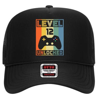 Level 12 Unlocked Video Gamer 12th Birthday Gaming Gift High Crown Mesh Back Trucker Hat