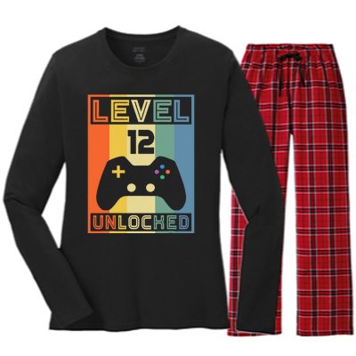 Level 12 Unlocked Video Gamer 12th Birthday Gaming Gift Women's Long Sleeve Flannel Pajama Set 