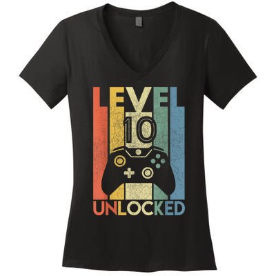 Level 10 Unlocked Shirt Funny Video Gamer 10th Birthday Gift Women's V-Neck T-Shirt