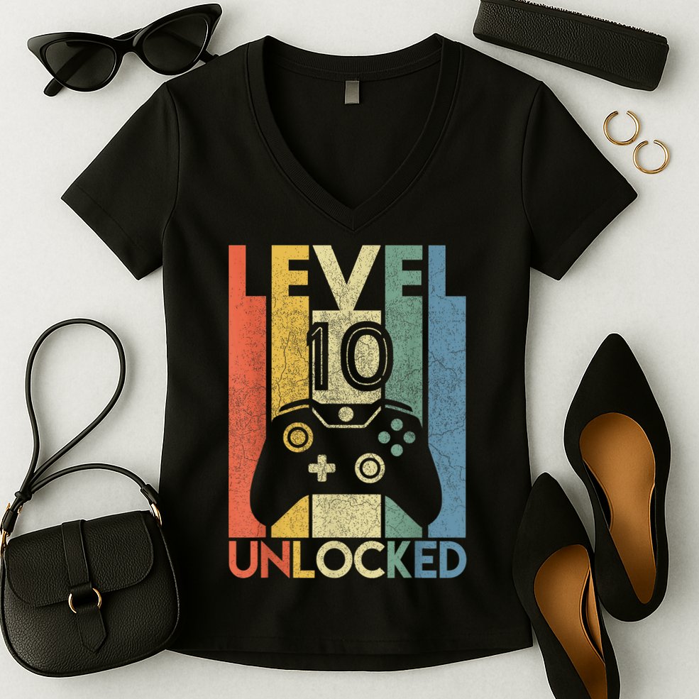 Level 10 Unlocked Shirt Funny Video Gamer 10th Birthday Gift Women's V-Neck T-Shirt