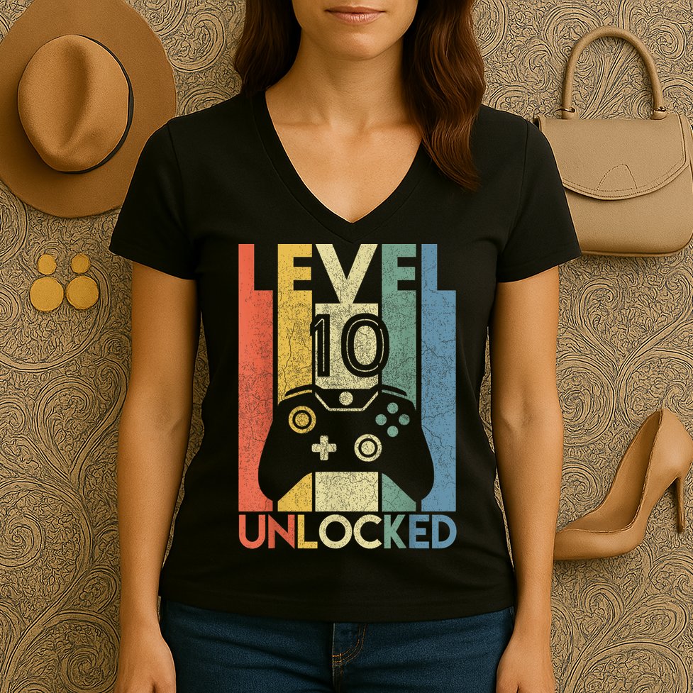Level 10 Unlocked Shirt Funny Video Gamer 10th Birthday Gift Women's V-Neck T-Shirt