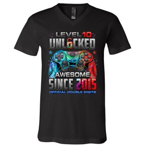 Level 10 Unlocked Awesome Since 2015 10th Birthday Gaming Gift V-Neck T-Shirt