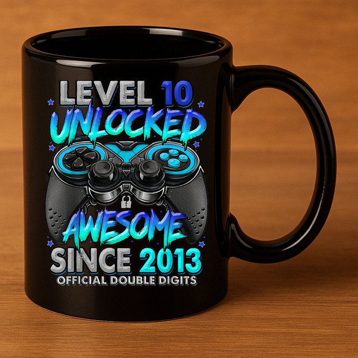 Level 10 Unlocked Awesome Since 2013 10th Birthday Gaming 11oz C Handle Ceramic Mug