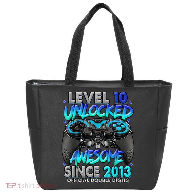 Level 10 Unlocked Awesome Since 2013 10th Birthday Gaming Zip Tote Bag