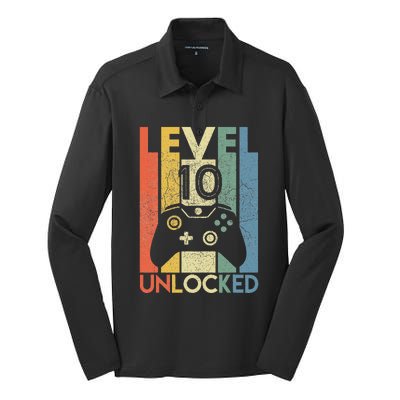 Level 10 Unlocked Funny Video Gamer 10th Birthday Gift Silk Touch Performance Long Sleeve Polo