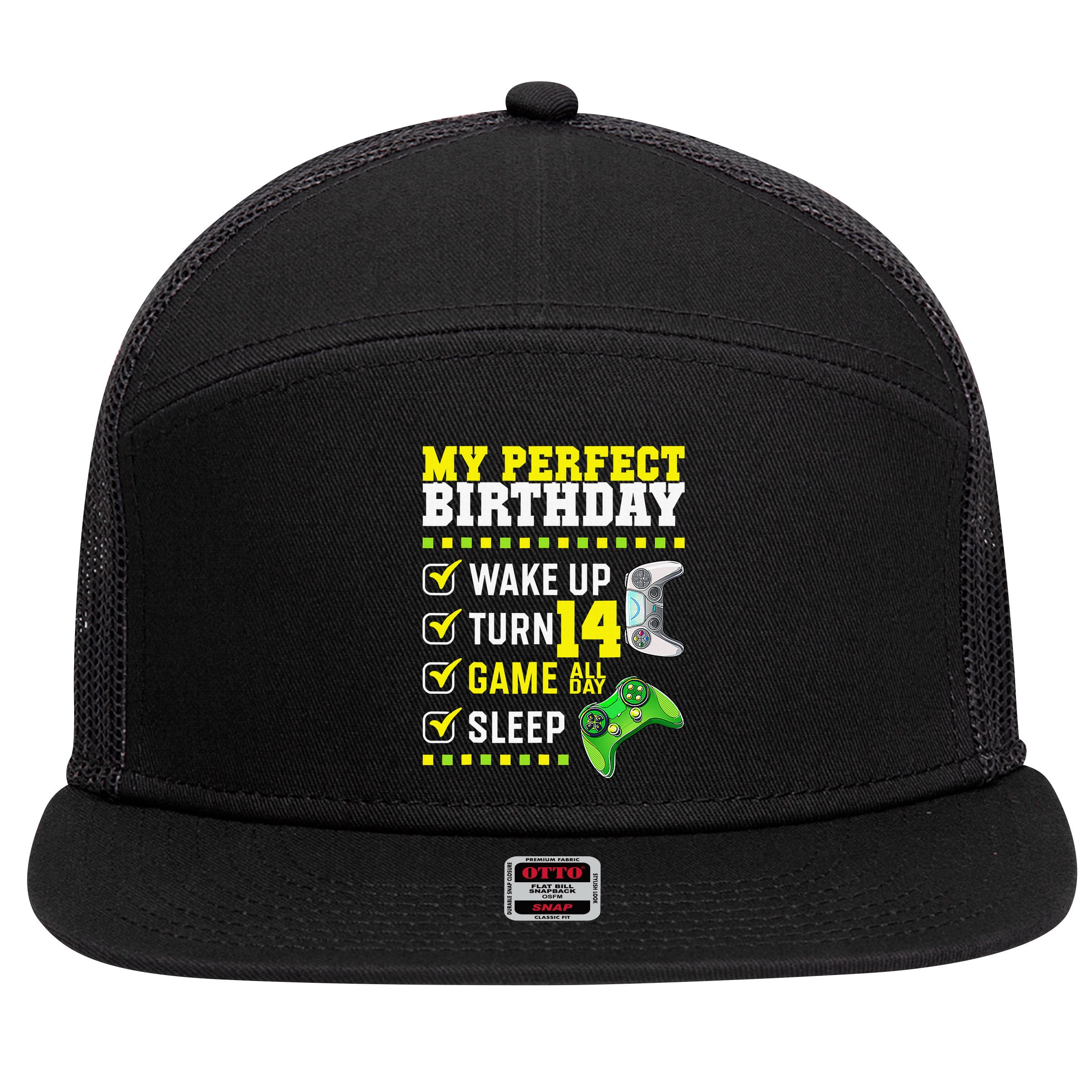 Level 14 Unlocked Boys 14th Birthday 14 Year Old Gamer 7 Panel Mesh Trucker Snapback Hat