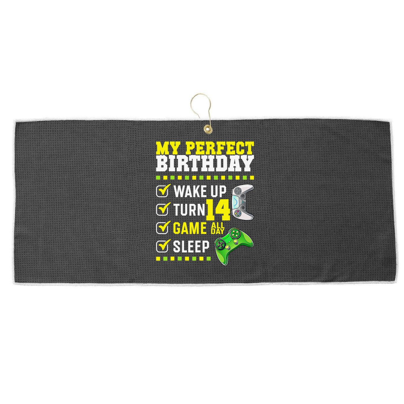 Level 14 Unlocked Boys 14th Birthday 14 Year Old Gamer Large Microfiber Waffle Golf Towel