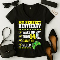 Level 14 Unlocked Boys 14th Birthday 14 Year Old Gamer Women's V-Neck T-Shirt