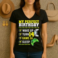 Level 14 Unlocked Boys 14th Birthday 14 Year Old Gamer Women's V-Neck T-Shirt