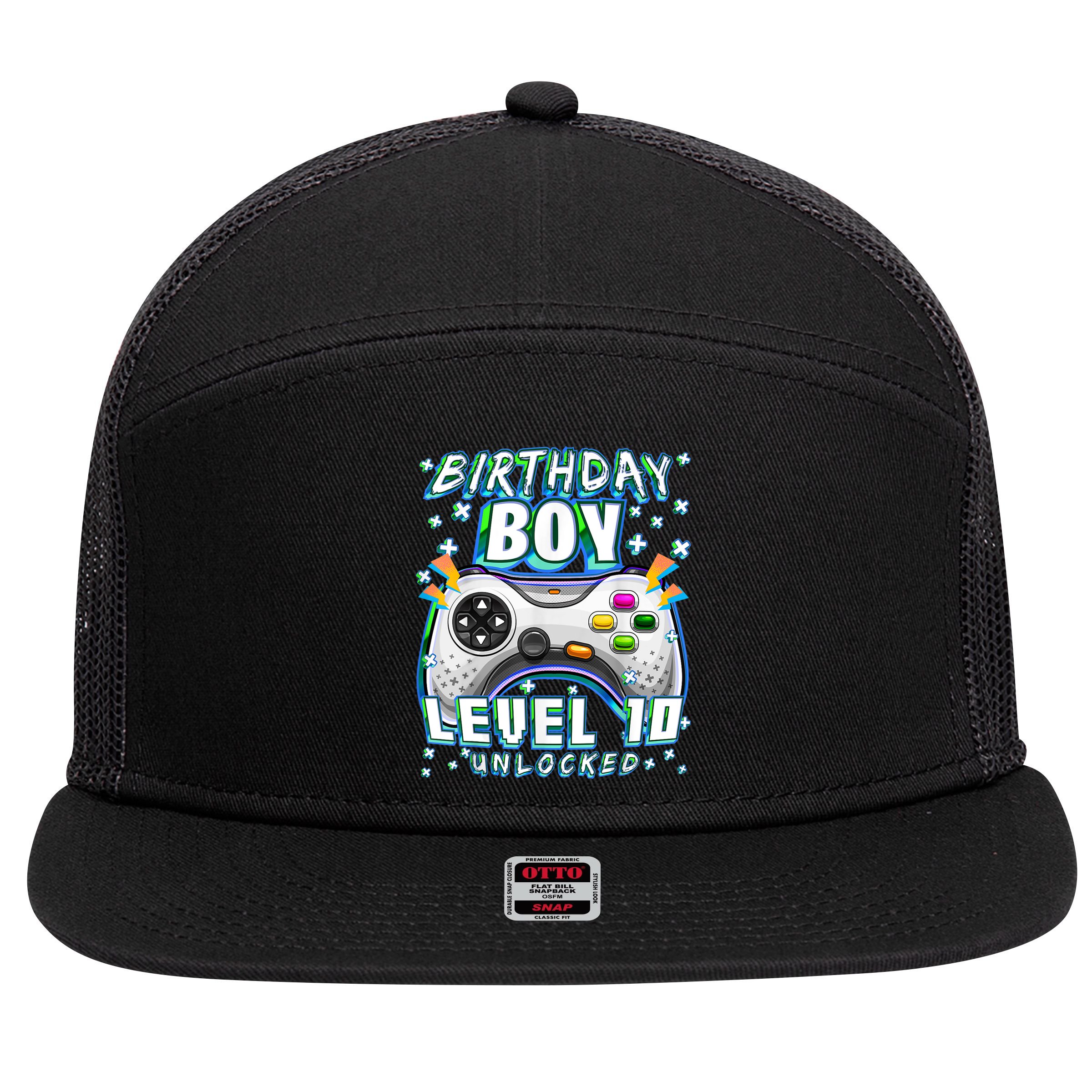 Level 10 Unlocked Video Game 10th Birthday Gamer Boys TShirt 7 Panel Mesh Trucker Snapback Hat
