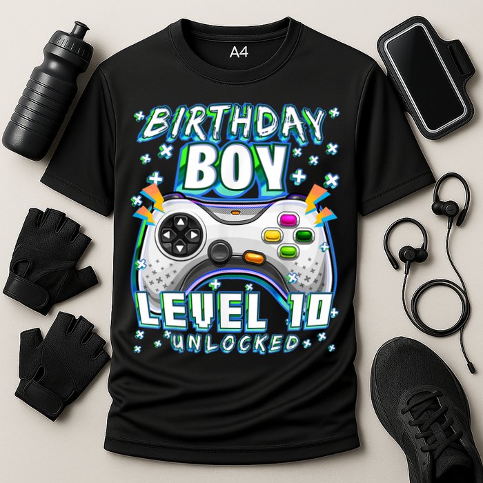 Level 10 Unlocked Video Game 10th Birthday Gamer Boys TShirt Cooling Performance Crew T-Shirt
