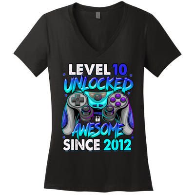 Level 10 Unlocked Awesome Since 2012 10th Birthday Women's V-Neck T-Shirt