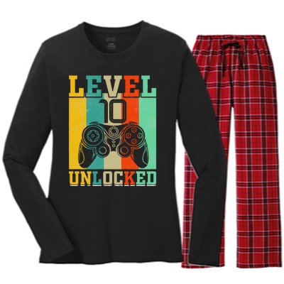 Level 10 Unlocked Birthday For 10 Years Old Gamer Bday Women's Long Sleeve Flannel Pajama Set 