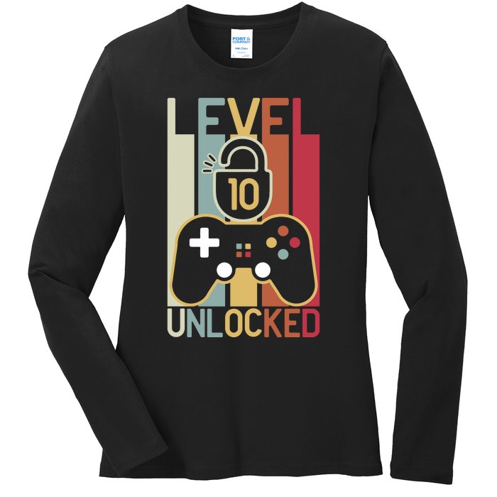 Level 10 Unlocked Birthday Gift Vintage Retro Ladies Long Sleeve Shirt