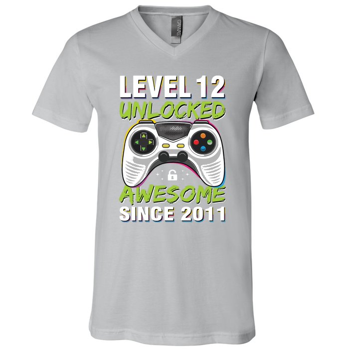 Level 12 Unlocked Awesome Since 2011 12th Birthday Gaming V-Neck T-Shirt