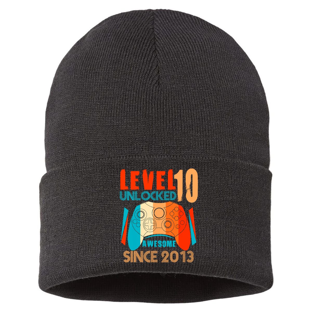 Level 10 Unlocked Birthday 10 Year Old Gamer Sustainable Knit Beanie