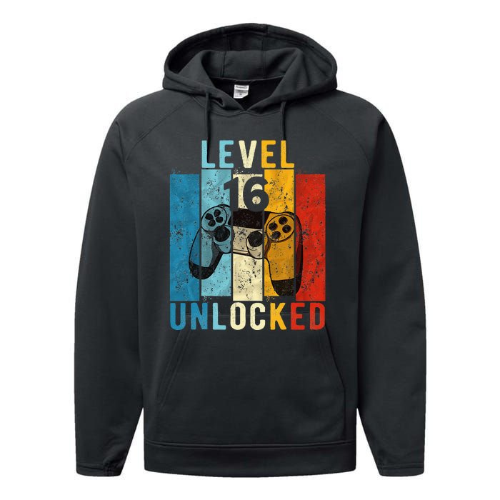 Level 16 Unlocked Video Gamer 16 Year Old 16th Birthday Gift Performance Fleece Hoodie