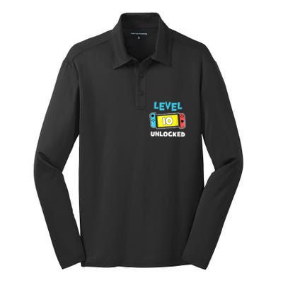 Level 10 unlocked Gamer 10th Birthday Gift Video Game lovers Silk Touch Performance Long Sleeve Polo