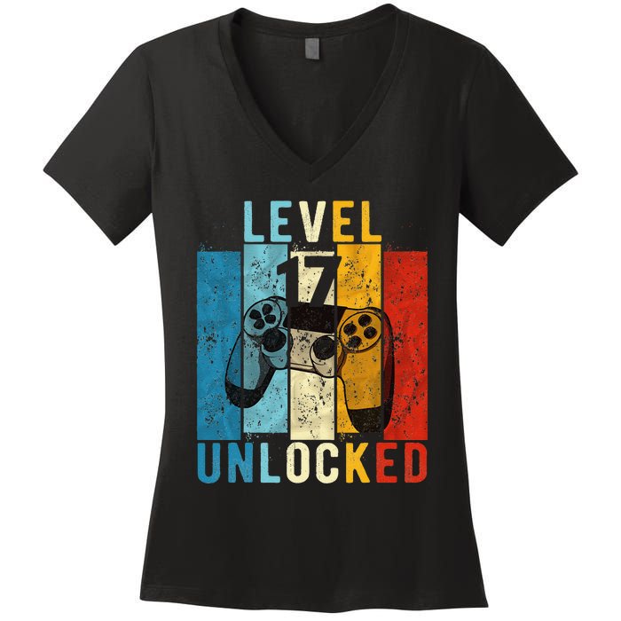 Level 17 Unlocked Video Gamer 17 Year Old 17th Birthday Gift Women's V-Neck T-Shirt