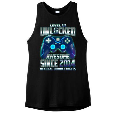 Level 10 Unlocked Awesome Since 2014 Official Double Digits Ladies PosiCharge Tri-Blend Wicking Tank