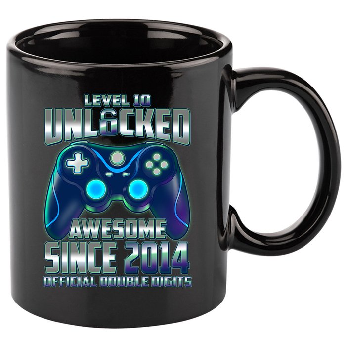 Level 10 Unlocked Awesome Since 2014 Official Double Digits 11oz C Handle Ceramic Mug