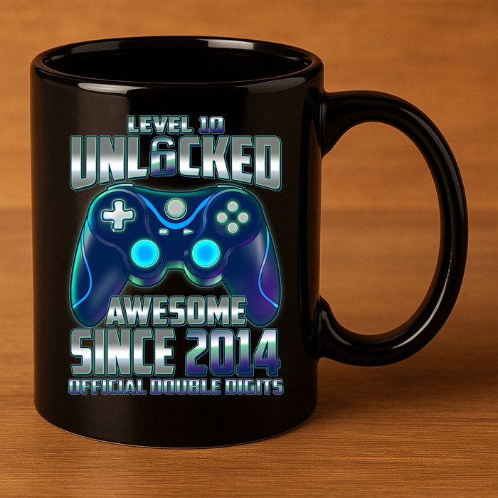 Level 10 Unlocked Awesome Since 2014 Official Double Digits 11oz C Handle Ceramic Mug