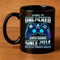 Level 10 Unlocked Awesome Since 2014 Official Double Digits 11oz C Handle Ceramic Mug