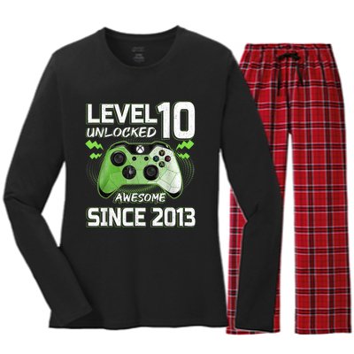 Level 10 Unlocked Awesome Since 2013 10th Birthday Gaming Women's Long Sleeve Flannel Pajama Set 