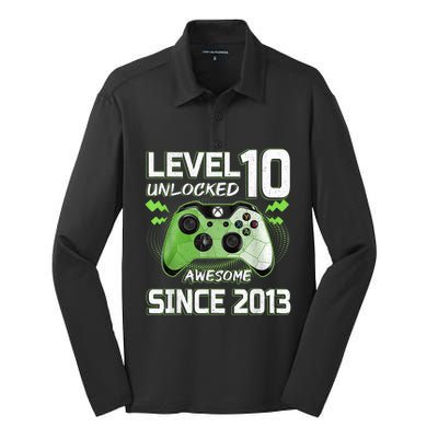 Level 10 Unlocked Awesome Since 2013 10th Birthday Gaming Silk Touch Performance Long Sleeve Polo