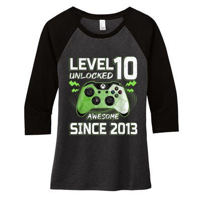 Level 10 Unlocked Awesome Since 2013 10th Birthday Gaming Women's Tri-Blend 3/4-Sleeve Raglan Shirt