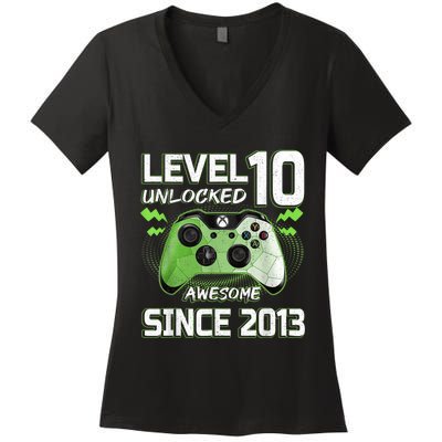 Level 10 Unlocked Awesome Since 2013 10th Birthday Gaming Women's V-Neck T-Shirt