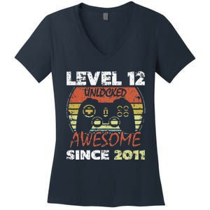 Level 12 Unlocked Awesome Since 2011 12th Birthday Gaming Women's V-Neck T-Shirt