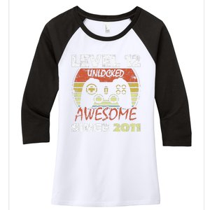 Level 12 Unlocked Awesome Since 2011 12th Birthday Gaming Women's Tri-Blend 3/4-Sleeve Raglan Shirt