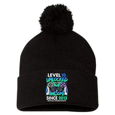 Level 10 Unlocked Awesome Since 2013 10th Birthday Gaming Pom Pom 12in Knit Beanie