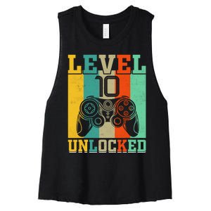 Level 10 Unlocked Birthday For Boy 10 Years Old Gamer Bday Women's Racerback Cropped Tank