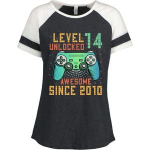 Level 14 Unlocked 14th Birthday 14 Year Old Gifts Enza Ladies Jersey Colorblock Tee