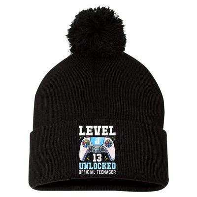 Level 13 Unlocked Video Game 13th Birthday Gamer Kids Pom Pom 12in Knit Beanie